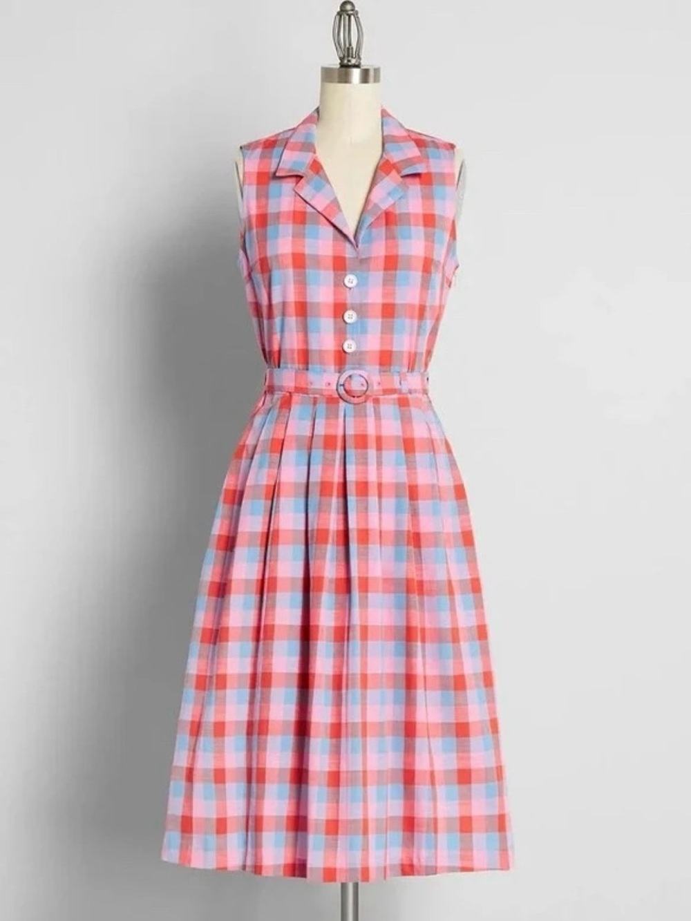 ModCloth Barbie Sleeveless Pink and Blue Plaid Belted Midi Dress
